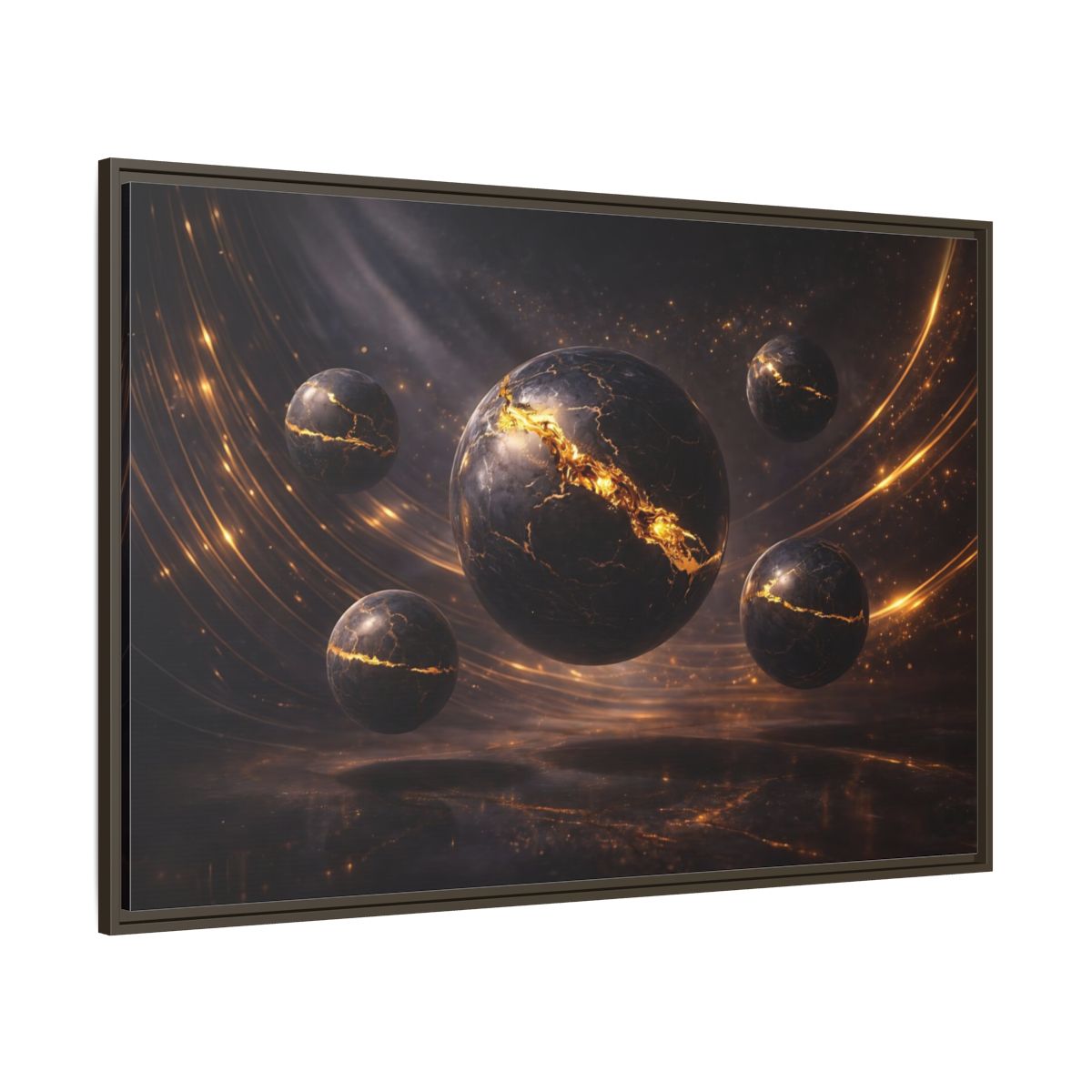 Side Mockup 8. Science Fiction Cosmic Spheres Dark Gold shown as stretched canvas wall art