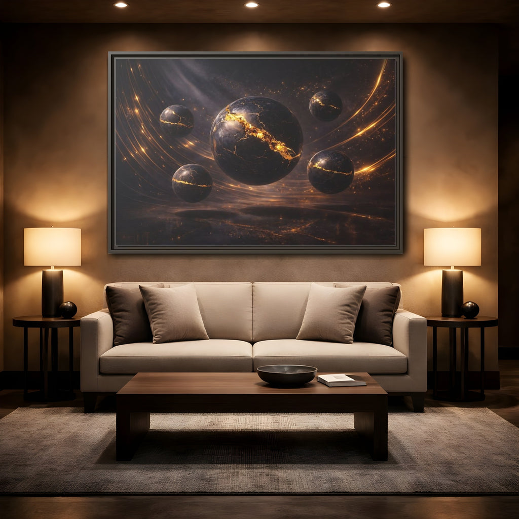 Mockup 2. Science Fiction Cosmic Spheres Dark Gold shown as stretched canvas wall art