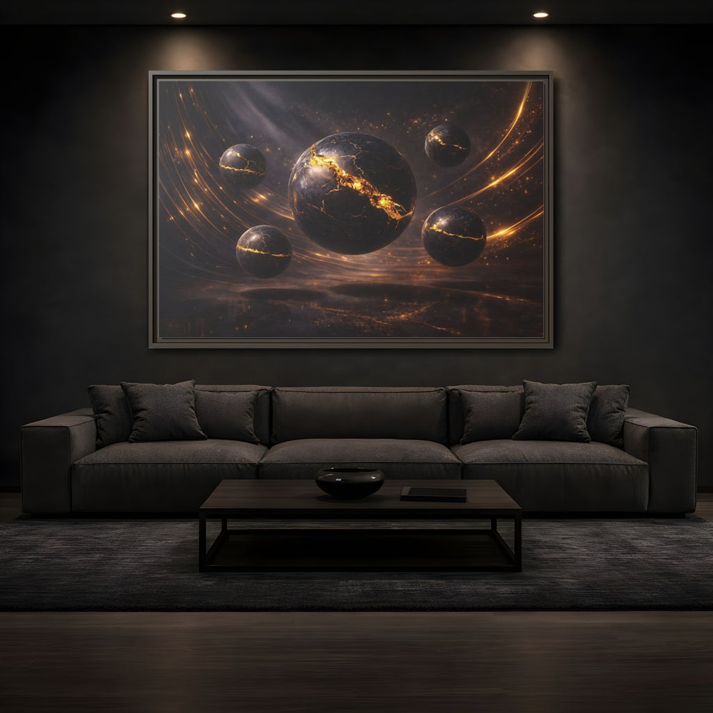 Mockup 3. Science Fiction Cosmic Spheres Dark Gold shown as stretched canvas wall art
