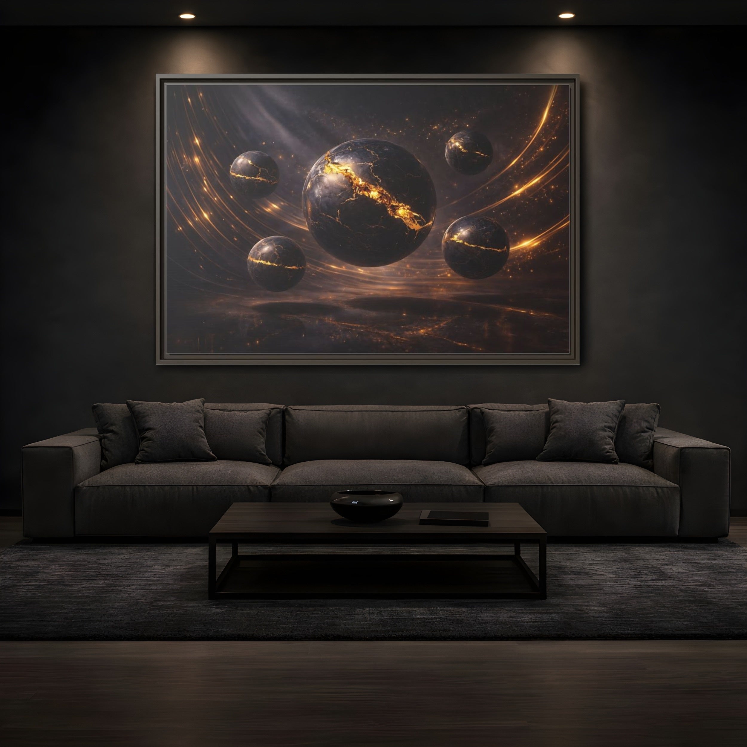 Mockup 3. Science Fiction Cosmic Spheres Dark Gold shown as stretched canvas wall art