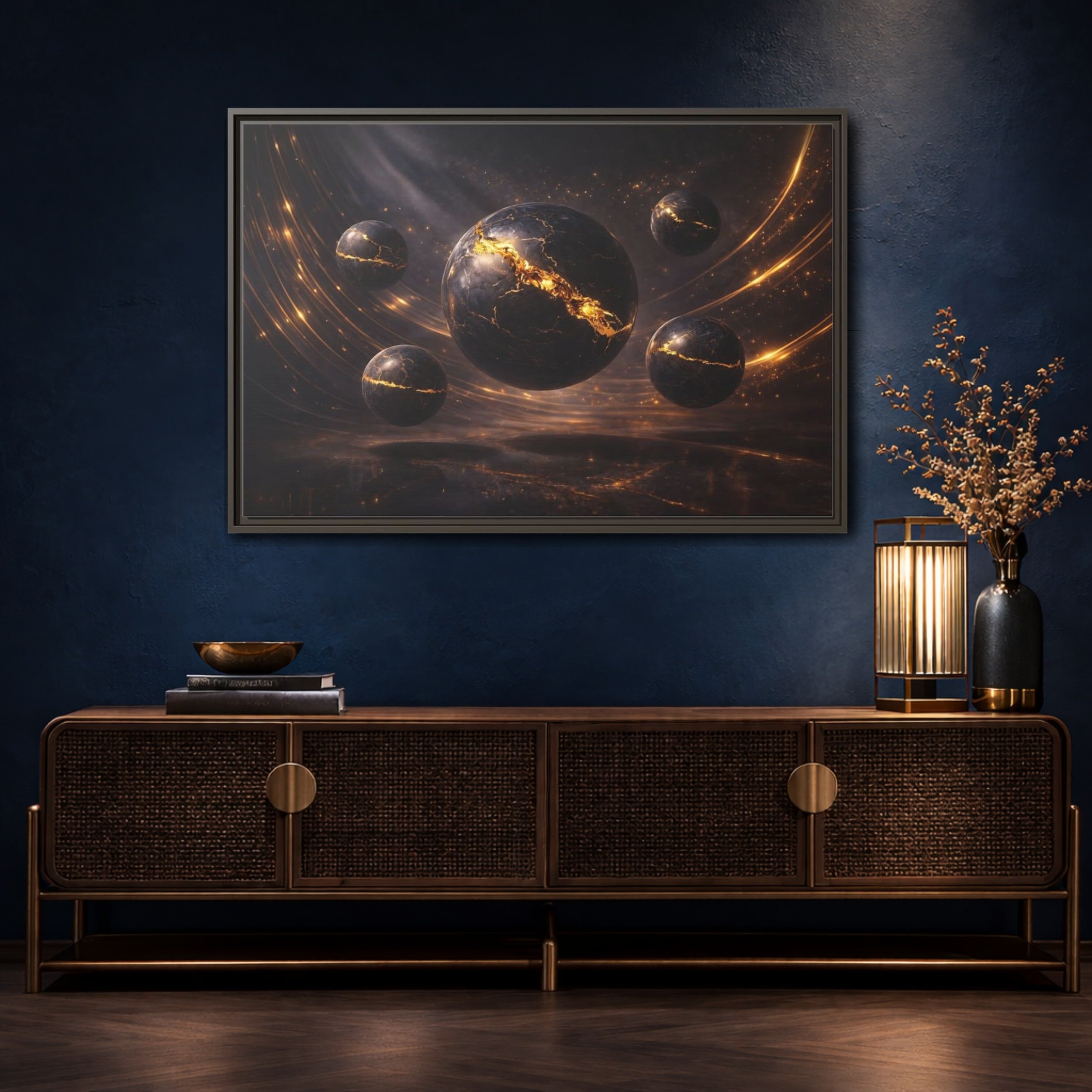 Mockup 4. Science Fiction Cosmic Spheres Dark Gold shown as stretched canvas wall art