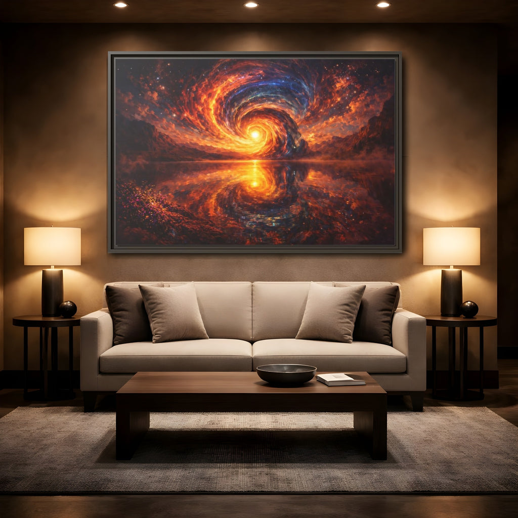 Mockup 2. Science Fiction Cosmic Vortex Fiery Cosmic Landscape shown as stretched canvas wall art