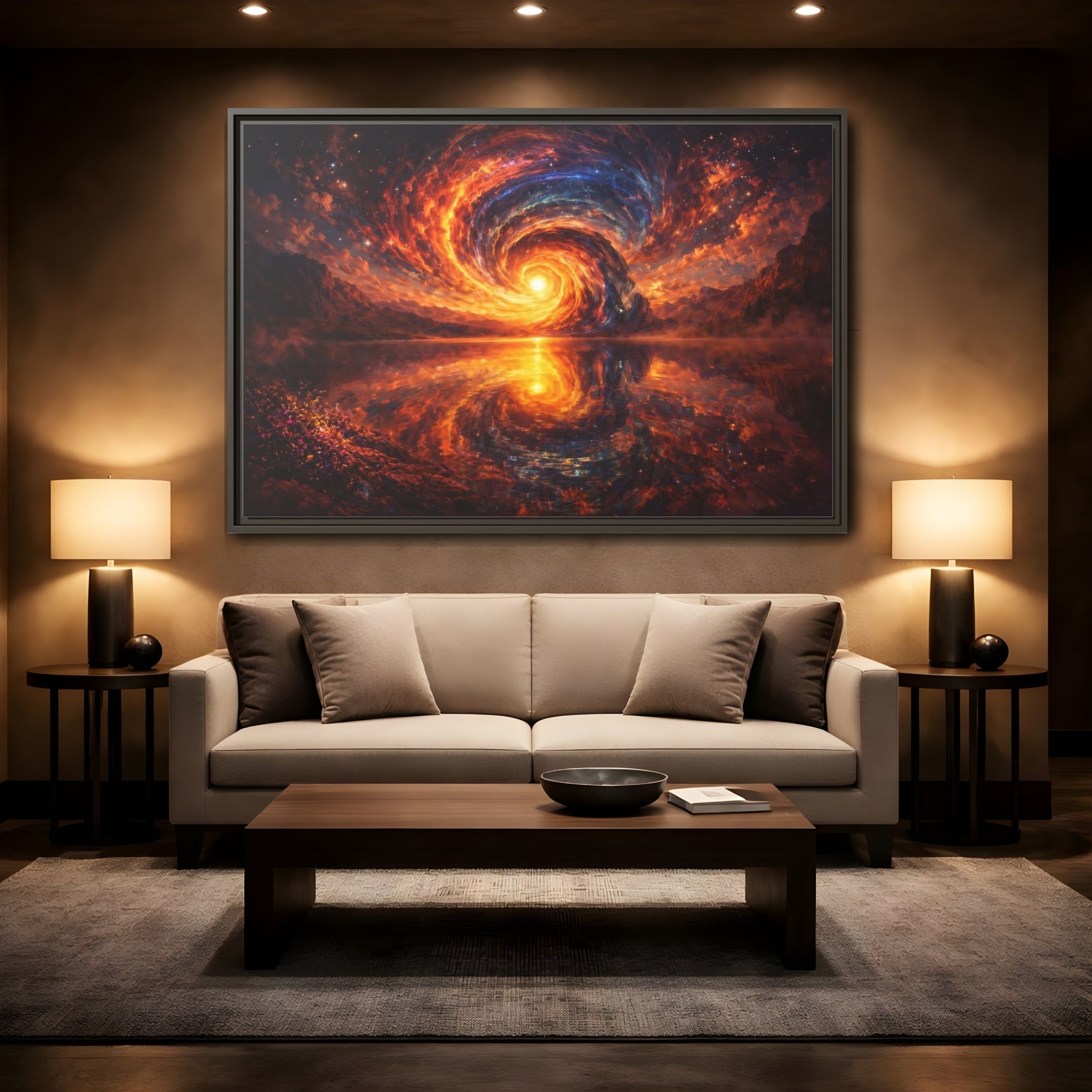 Mockup 2. Science Fiction Cosmic Vortex Fiery Cosmic Landscape shown as stretched canvas wall art