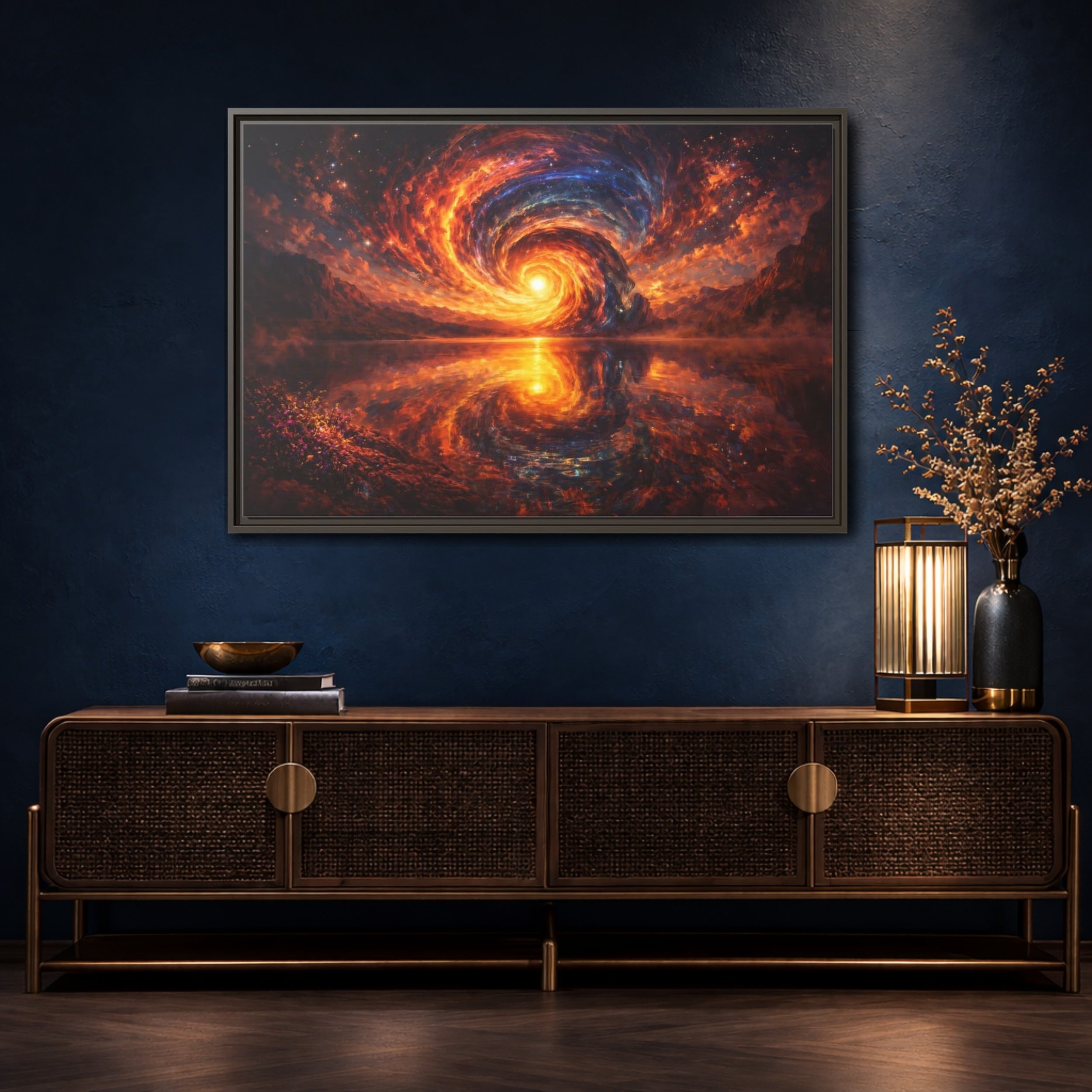 Mockup 4. Science Fiction Cosmic Vortex Fiery Cosmic Landscape shown as stretched canvas wall art