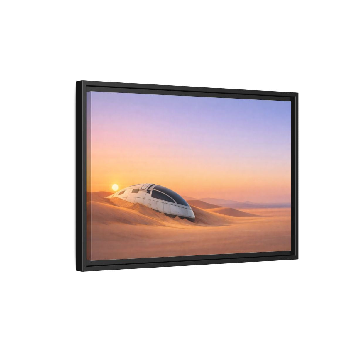 Side Mockup 3. Science Fiction Crashed Spaceship Desert Sunset Spaceship shown as stretched canvas wall art