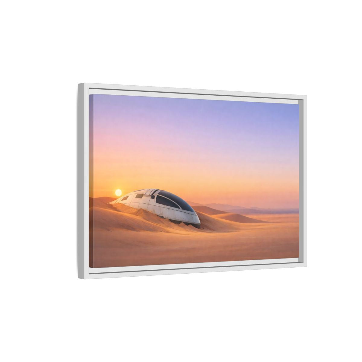 Side Mockup 1. Science Fiction Crashed Spaceship Desert Sunset Spaceship shown as stretched canvas wall art