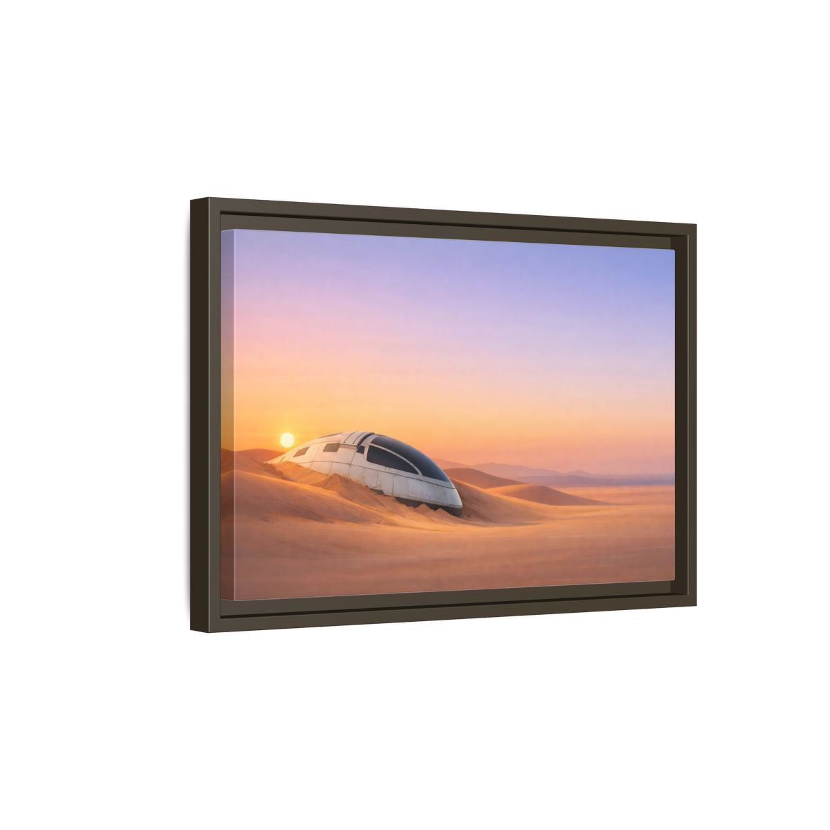Side Mockup 5. Science Fiction Crashed Spaceship Desert Sunset Spaceship shown as stretched canvas wall art