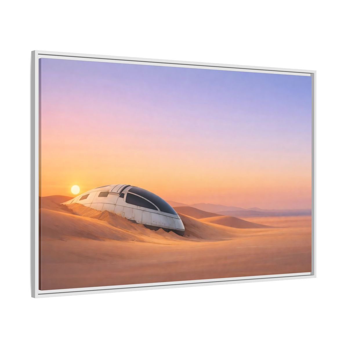 Side Mockup 7. Science Fiction Crashed Spaceship Desert Sunset Spaceship shown as stretched canvas wall art