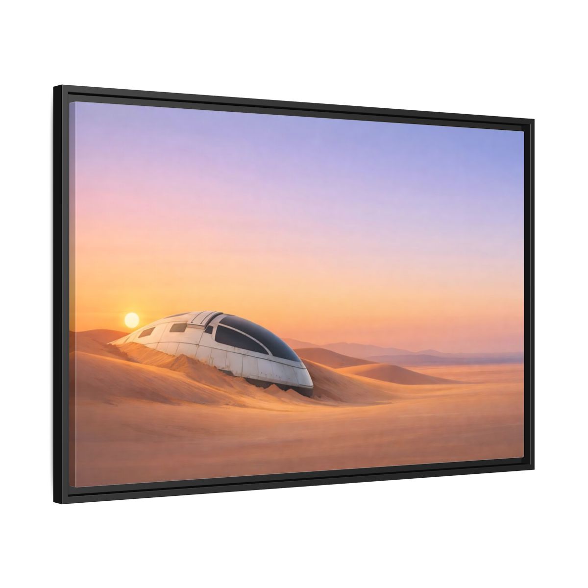 Side Mockup 13. Science Fiction Crashed Spaceship Desert Sunset Spaceship shown as stretched canvas wall art