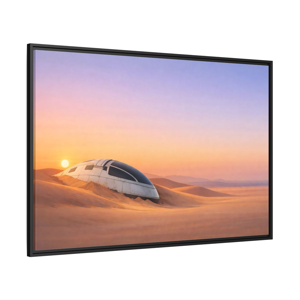 Side Mockup 12. Science Fiction Crashed Spaceship Desert Sunset Spaceship shown as stretched canvas wall art