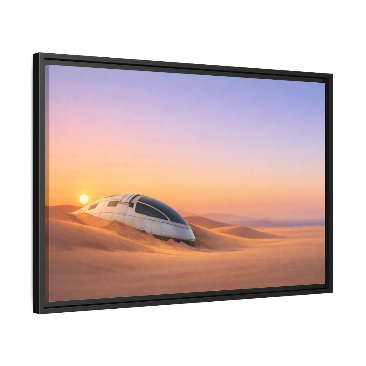 Side Mockup 14. Science Fiction Crashed Spaceship Desert Sunset Spaceship shown as stretched canvas wall art