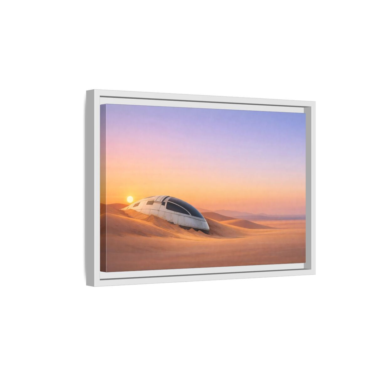 Side Mockup 4. Science Fiction Crashed Spaceship Desert Sunset Spaceship shown as stretched canvas wall art