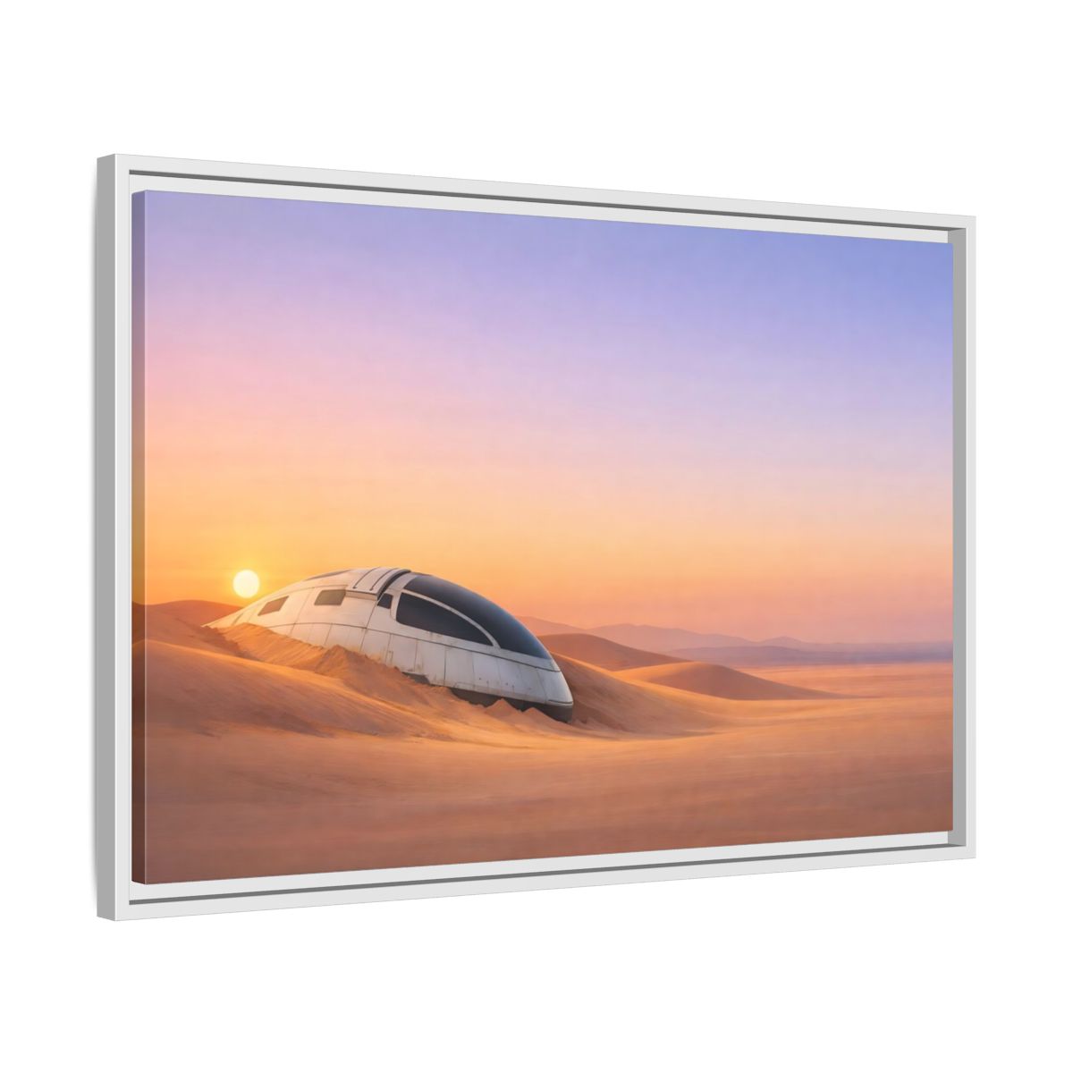 Side Mockup 10. Science Fiction Crashed Spaceship Desert Sunset Spaceship shown as stretched canvas wall art