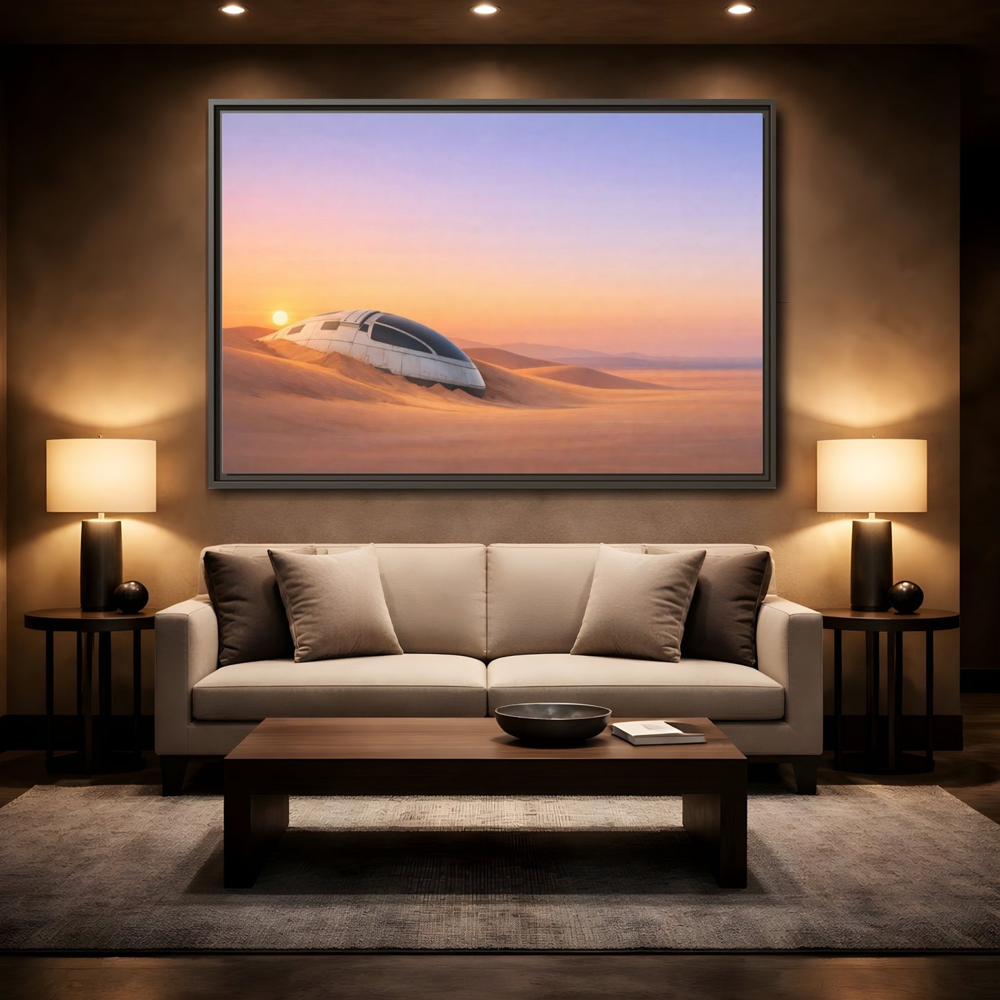 Mockup 2. Science Fiction Crashed Spaceship Desert Sunset Spaceship shown as stretched canvas wall art