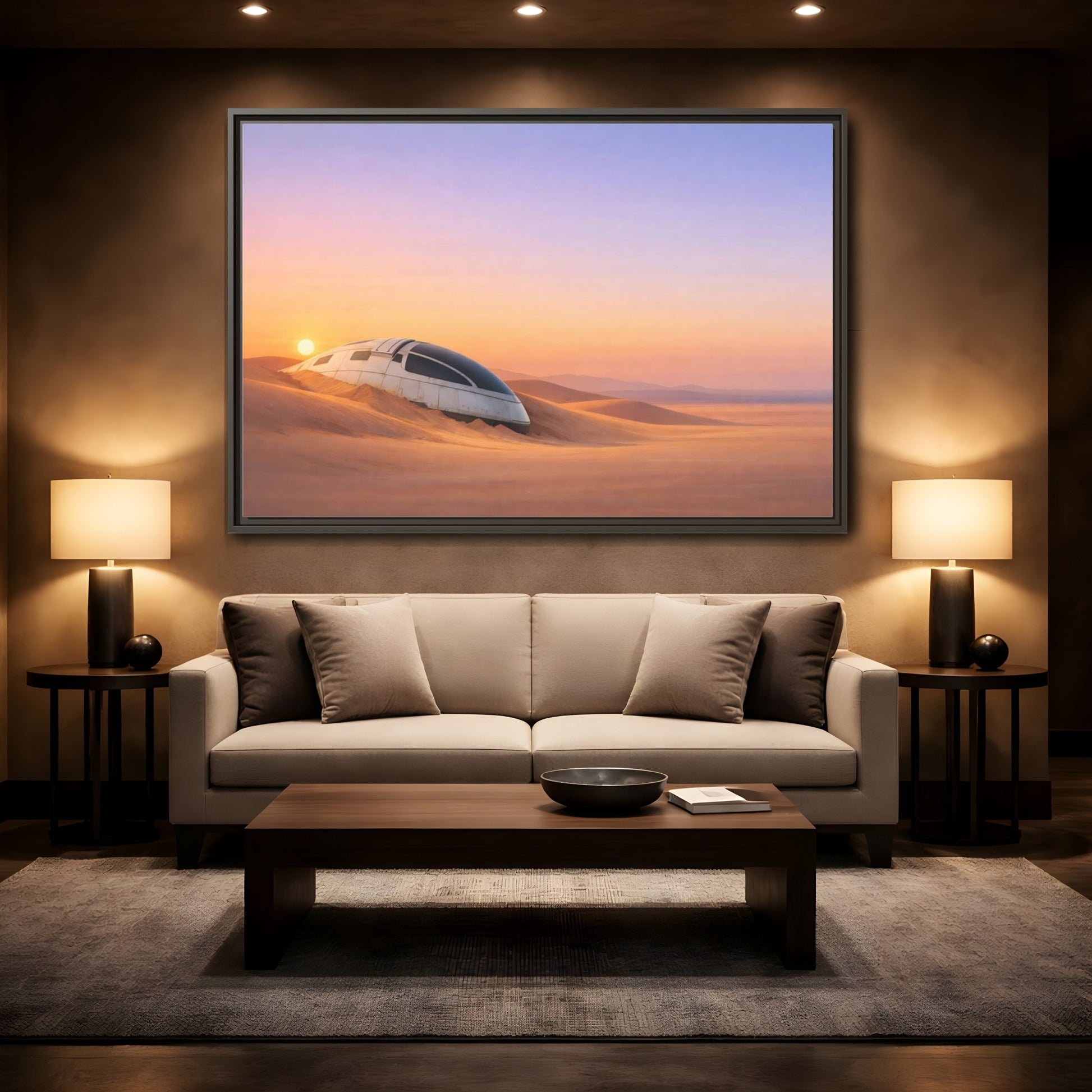 Mockup 2. Science Fiction Crashed Spaceship Desert Sunset Spaceship shown as stretched canvas wall art