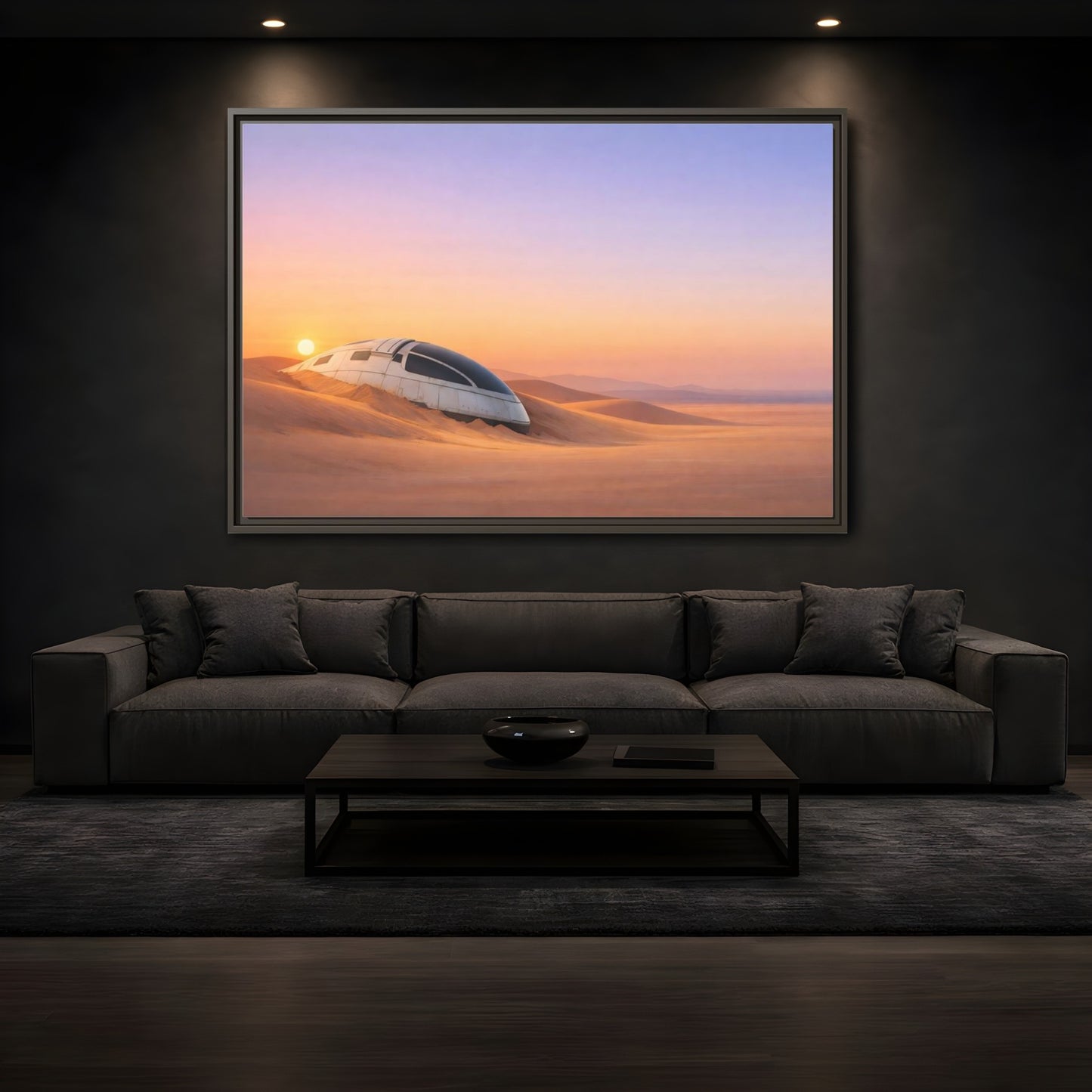 Mockup 3. Science Fiction Crashed Spaceship Desert Sunset Spaceship shown as stretched canvas wall art