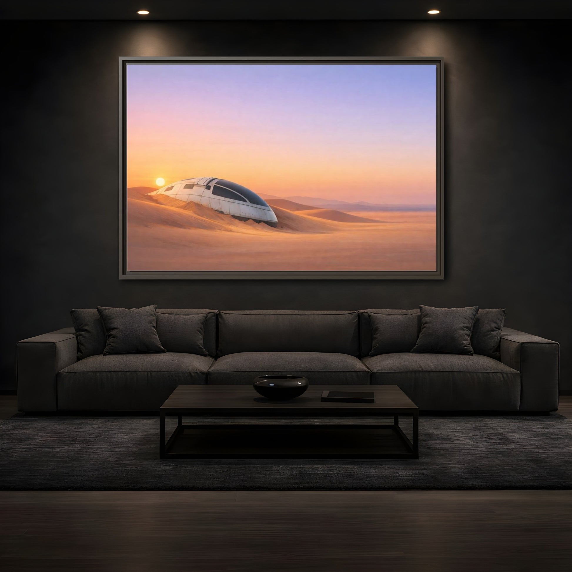 Mockup 3. Science Fiction Crashed Spaceship Desert Sunset Spaceship shown as stretched canvas wall art