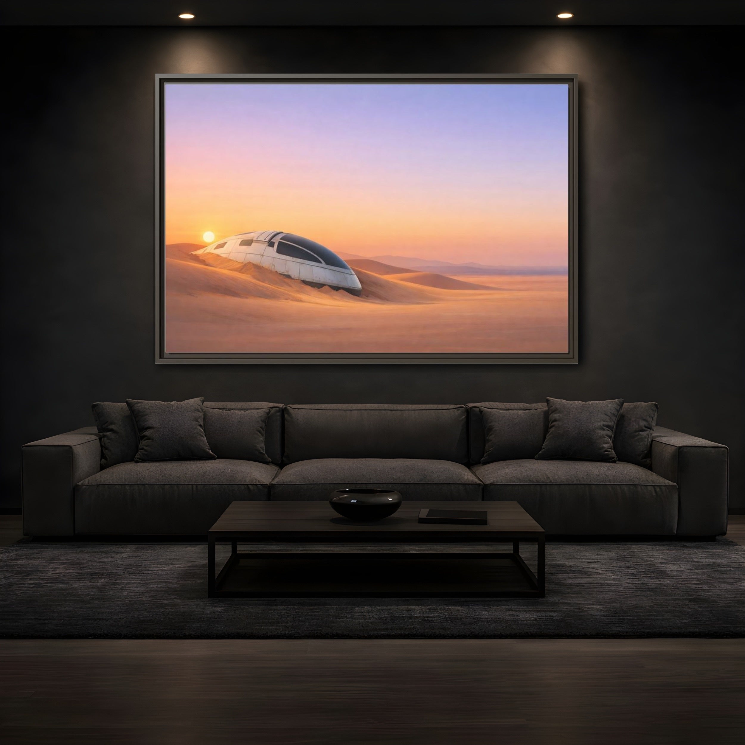 Mockup 3. Science Fiction Crashed Spaceship Desert Sunset Spaceship shown as stretched canvas wall art