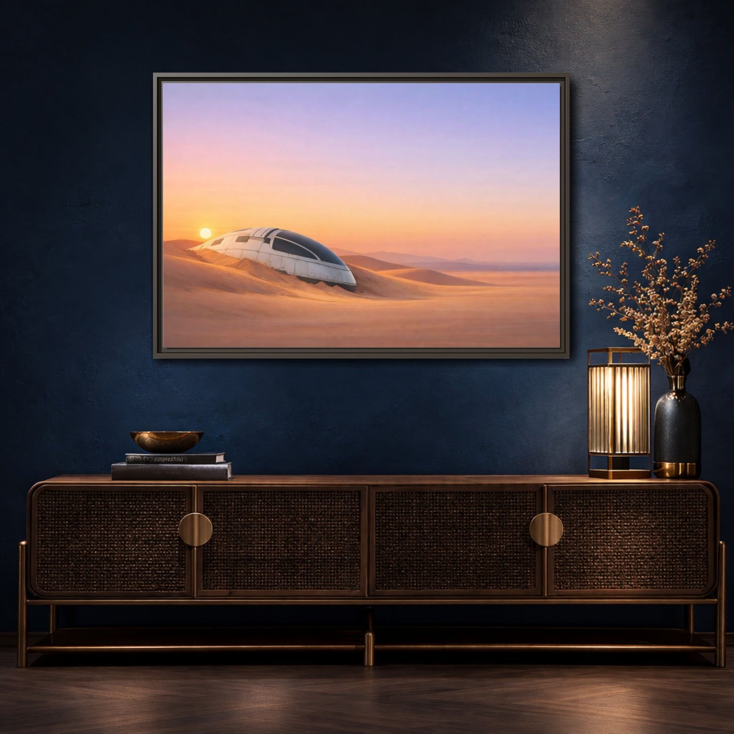 Mockup 4. Science Fiction Crashed Spaceship Desert Sunset Spaceship shown as stretched canvas wall art
