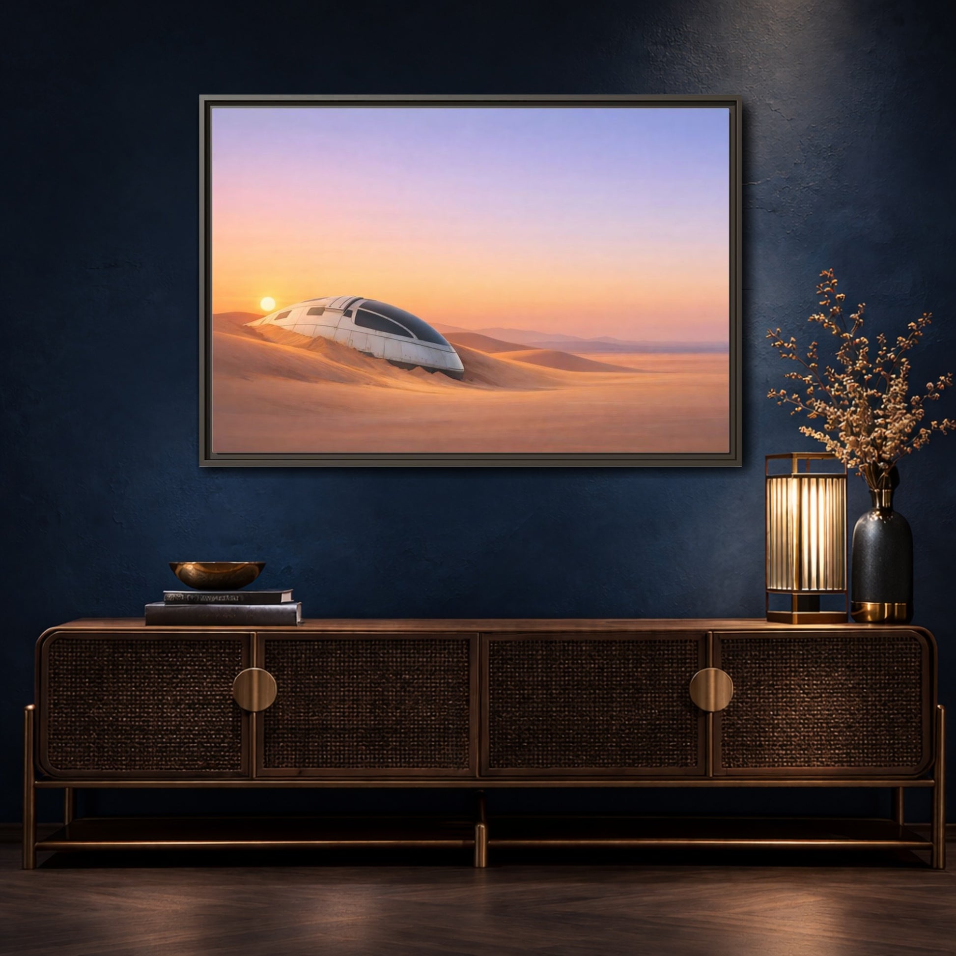 Mockup 4. Science Fiction Crashed Spaceship Desert Sunset Spaceship shown as stretched canvas wall art