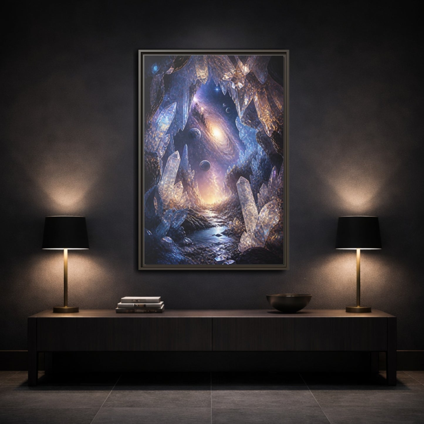 Science Fiction Crystal Cave Galaxy Framed Canvas Wall Art - Abstract Living Room, Above Couch shown as canvas wall art