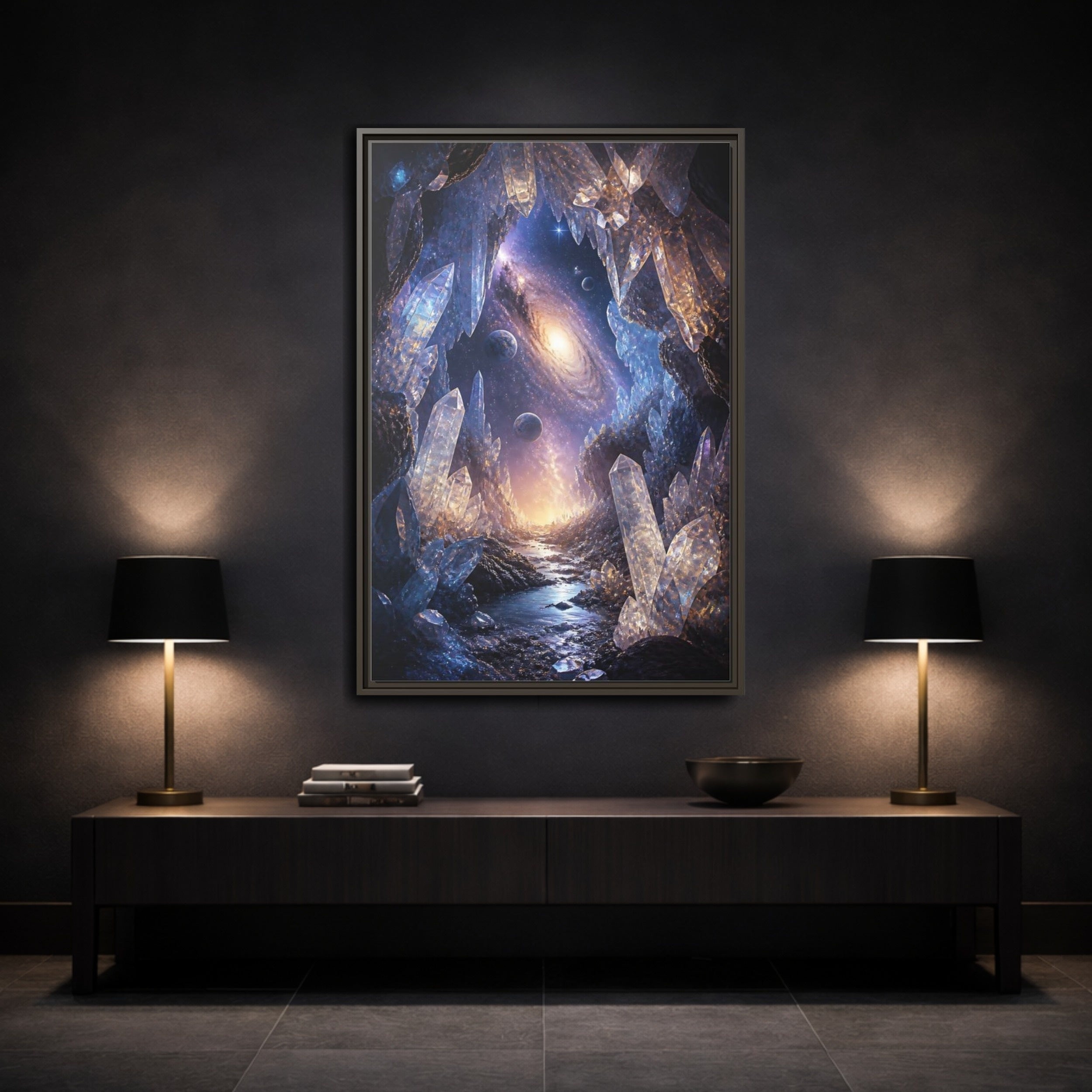 Mockup 3. Science Fiction Crystal Cave Crystal Cave Galaxy shown as stretched canvas wall art