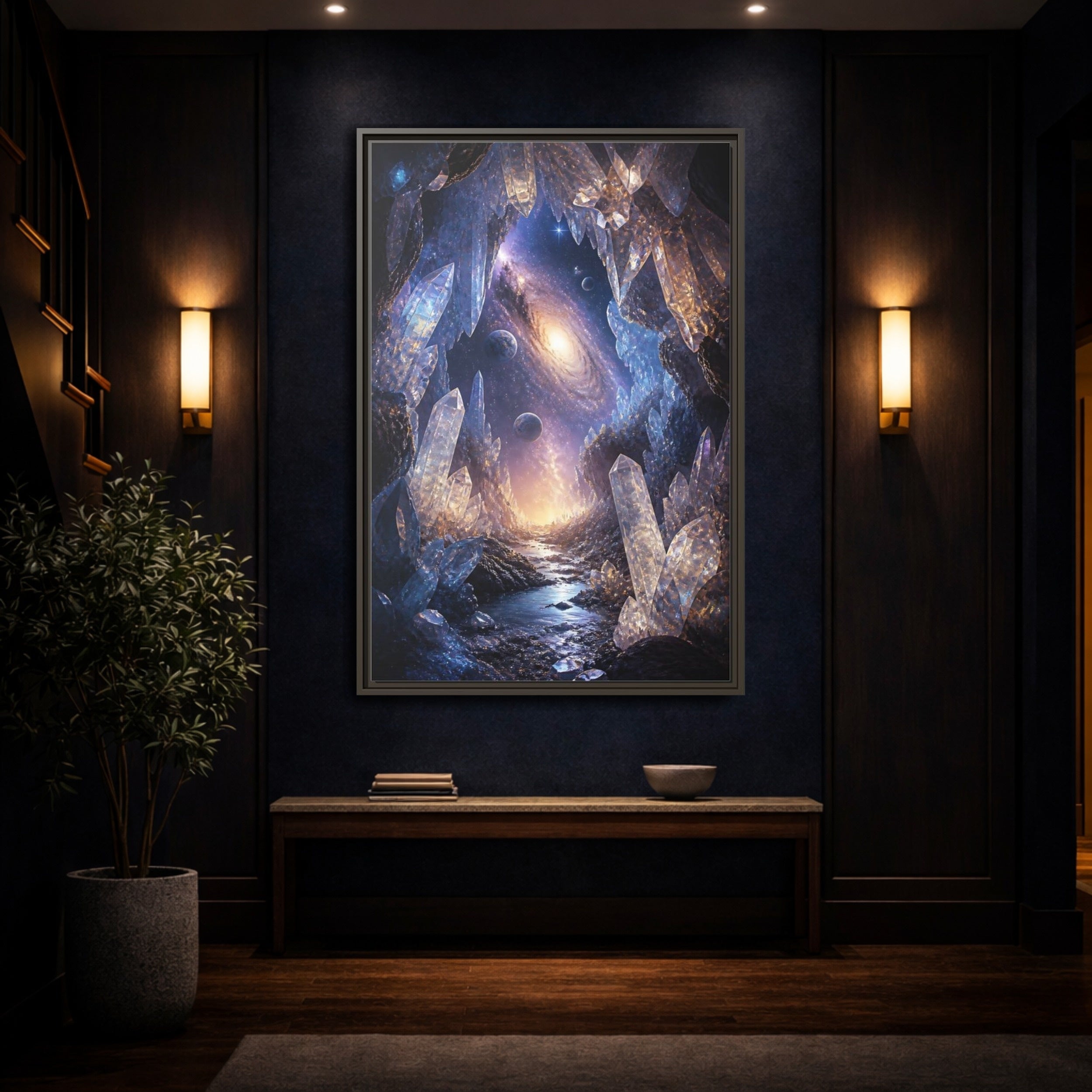 Mockup 4. Science Fiction Crystal Cave Crystal Cave Galaxy shown as stretched canvas wall art