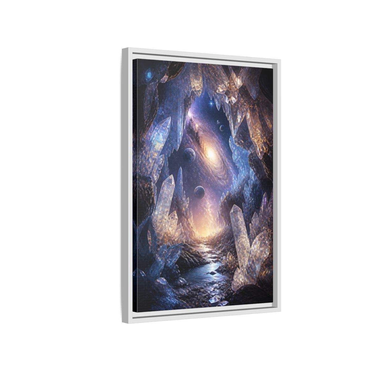 Side Mockup 1. Science Fiction Crystal Cave Crystal Cave Galaxy shown as stretched canvas wall art