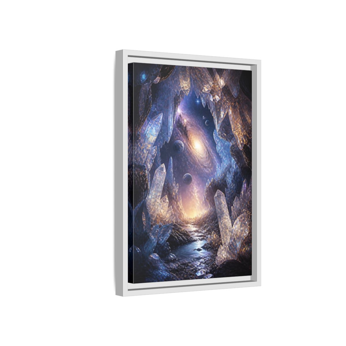 Side Mockup 4. Science Fiction Crystal Cave Crystal Cave Galaxy shown as stretched canvas wall art