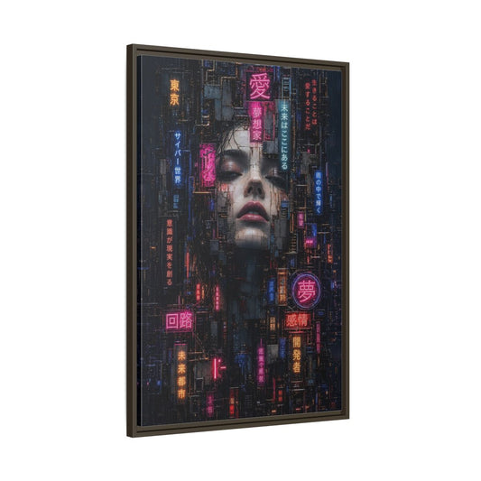 Main Mockup. Science Fiction Cyberpunk Woman Dark Neon shown as stretched canvas wall art