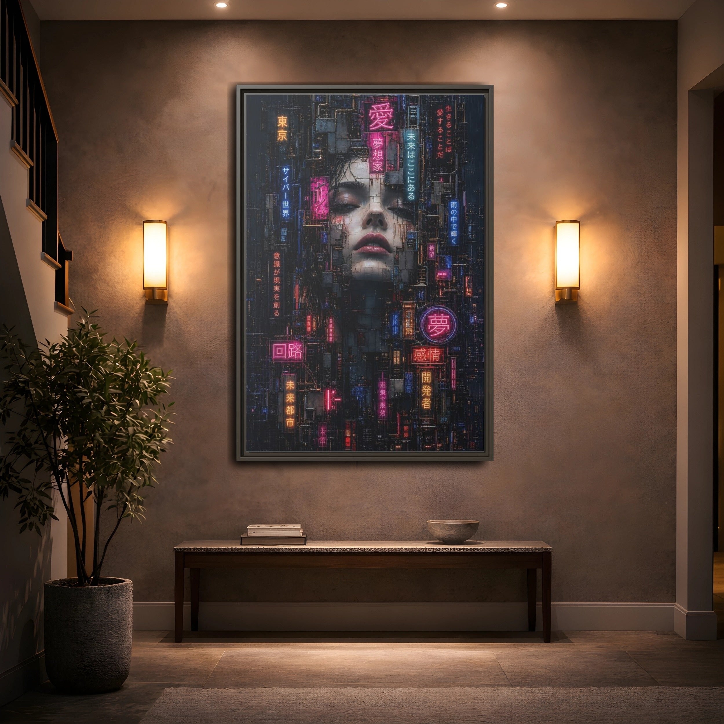 Mockup 2. Science Fiction Cyberpunk Woman Dark Neon shown as stretched canvas wall art