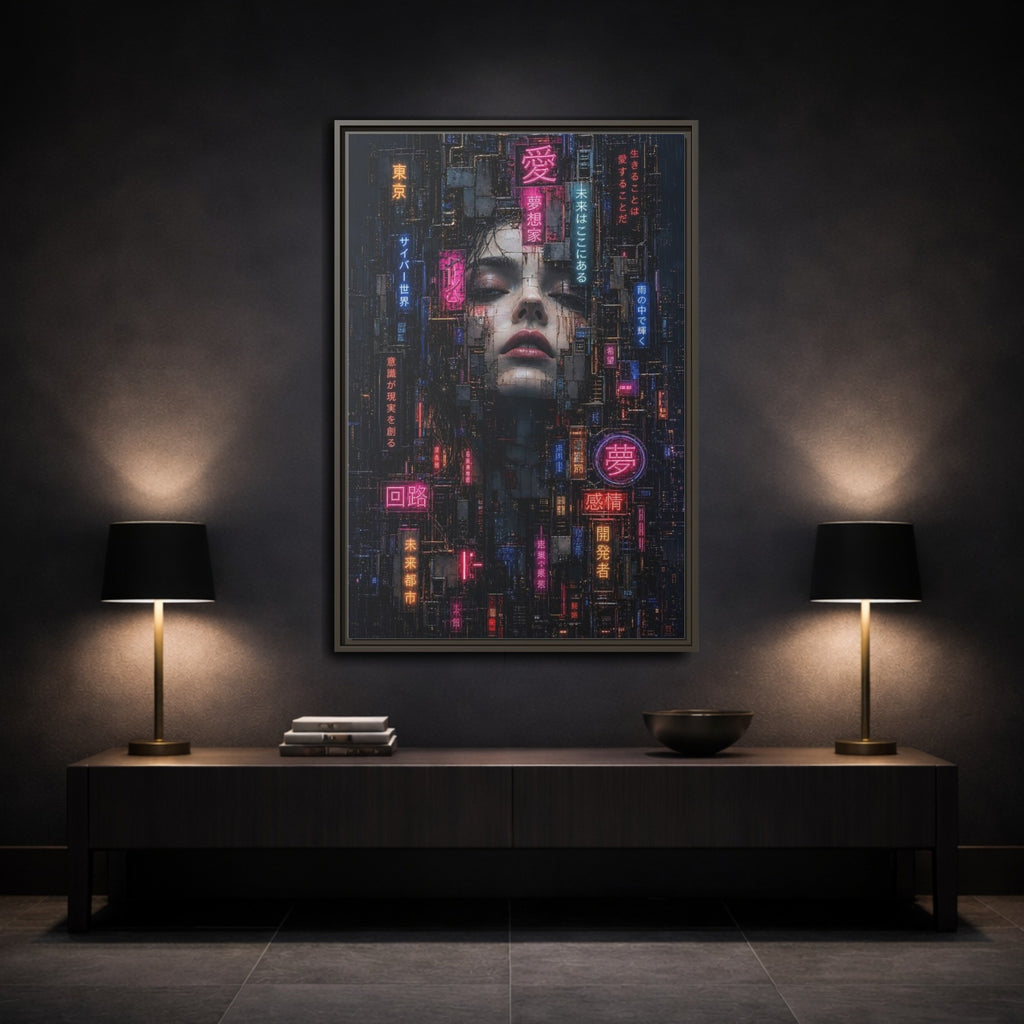 Mockup 3. Science Fiction Cyberpunk Woman Dark Neon shown as stretched canvas wall art