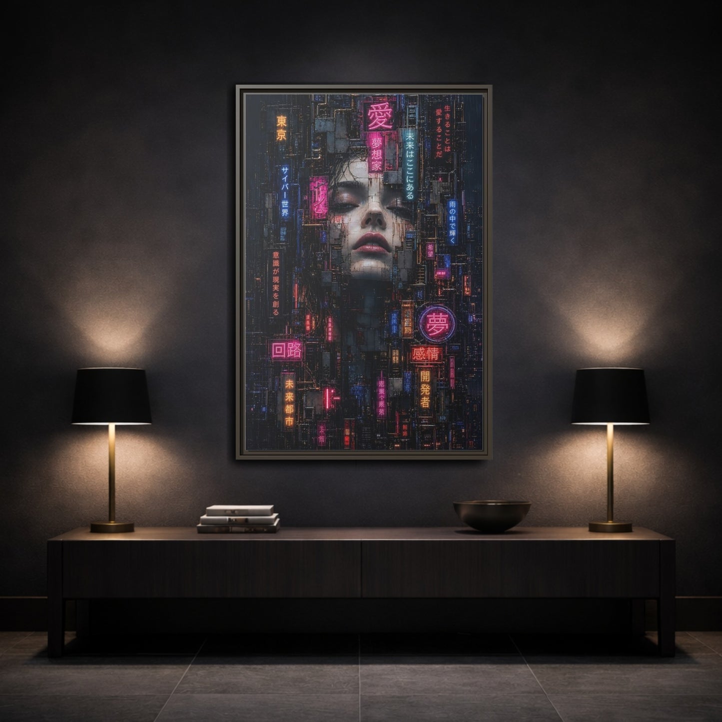 Science Fiction Cyberpunk Woman Dark Neon Framed Canvas Wall Art shown as canvas wall art