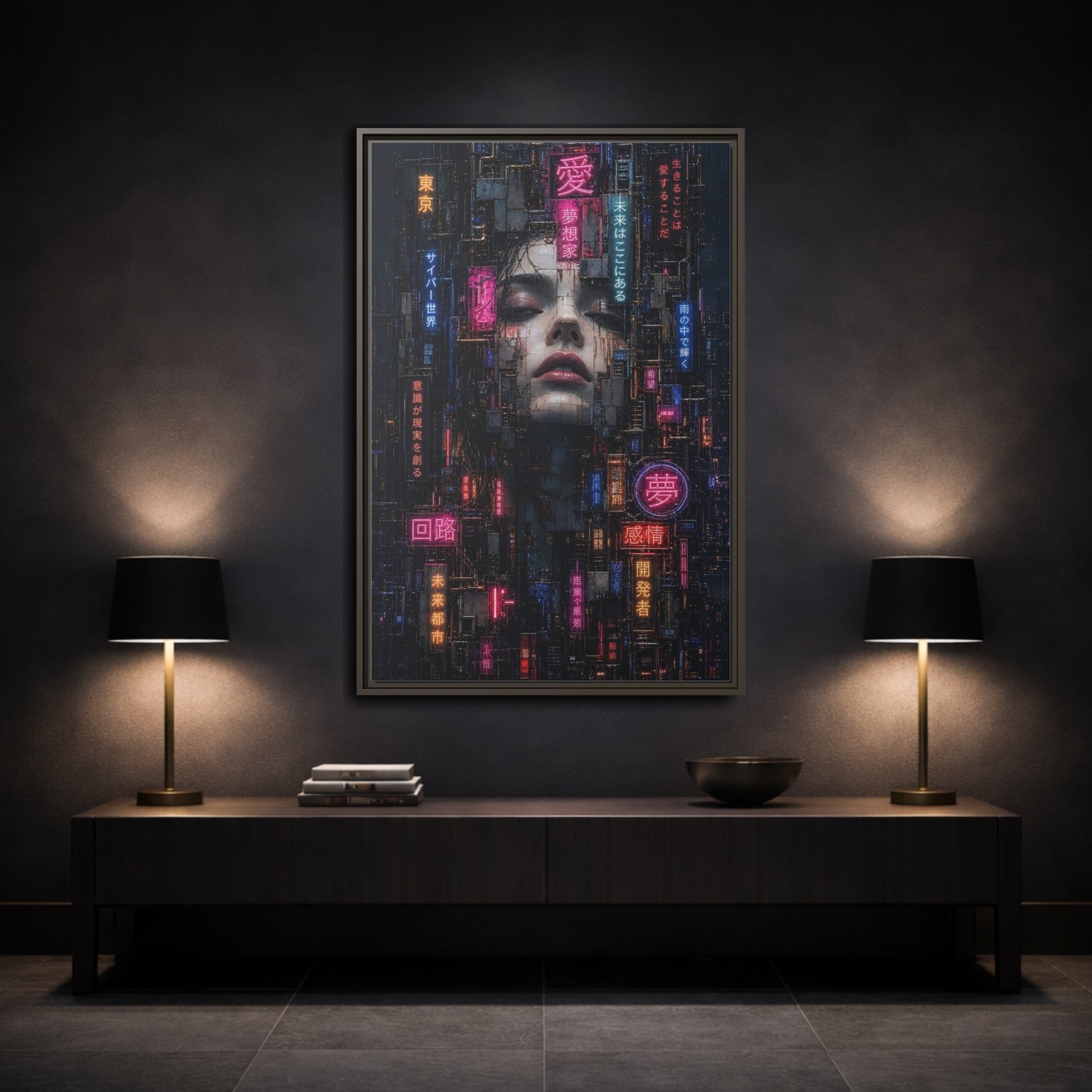 Mockup 3. Science Fiction Cyberpunk Woman Dark Neon shown as stretched canvas wall art