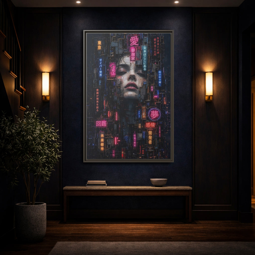 Mockup 4. Science Fiction Cyberpunk Woman Dark Neon shown as stretched canvas wall art