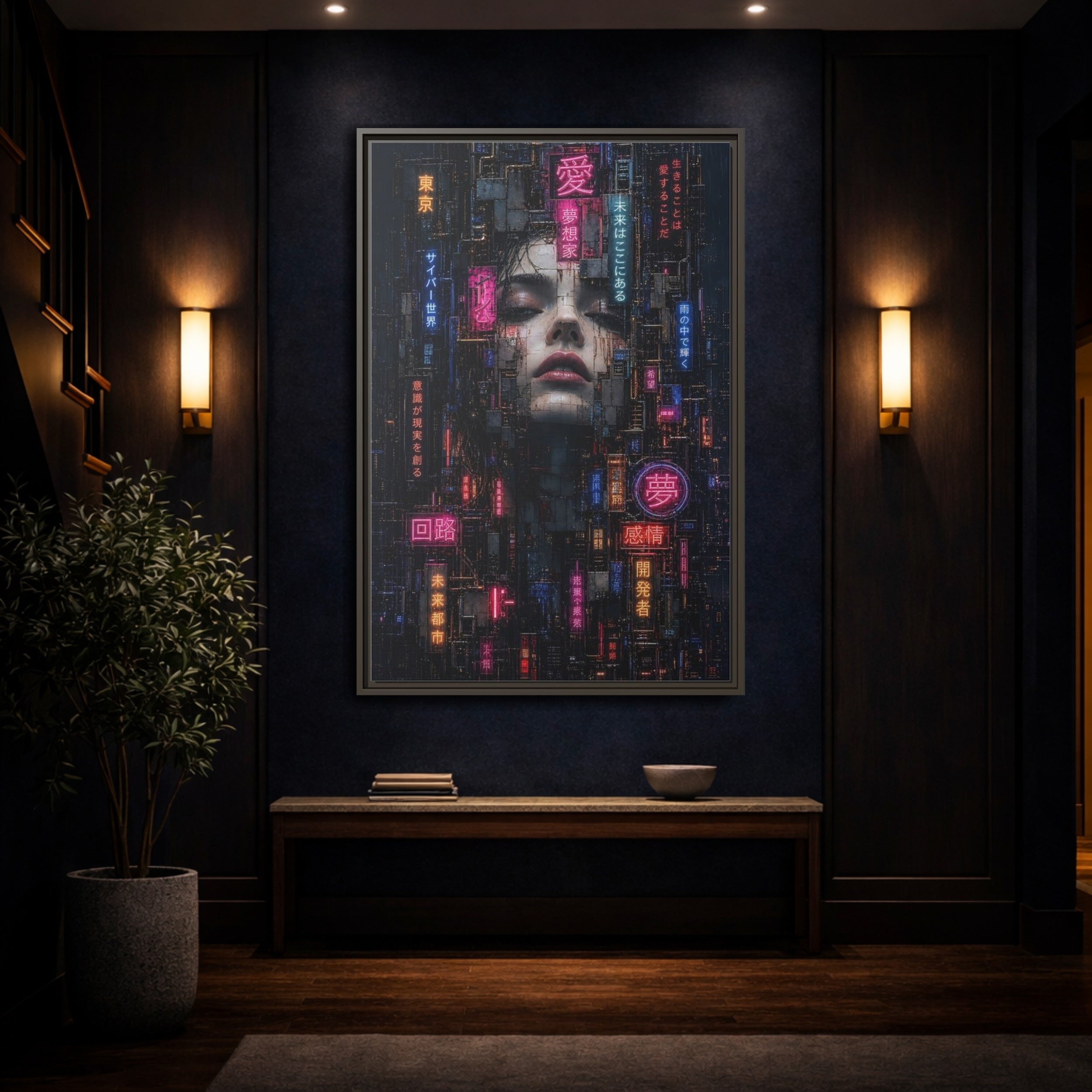 Mockup 4. Science Fiction Cyberpunk Woman Dark Neon shown as stretched canvas wall art
