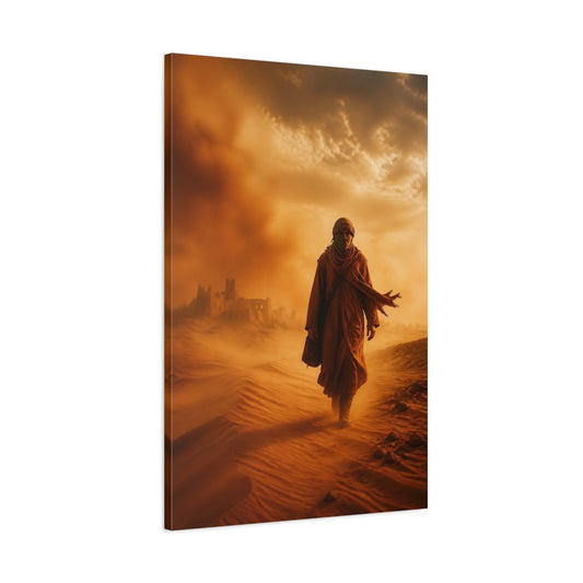 Main Mockup. Science Fiction Desert Wanderer Orange And Brown shown as stretched canvas wall art