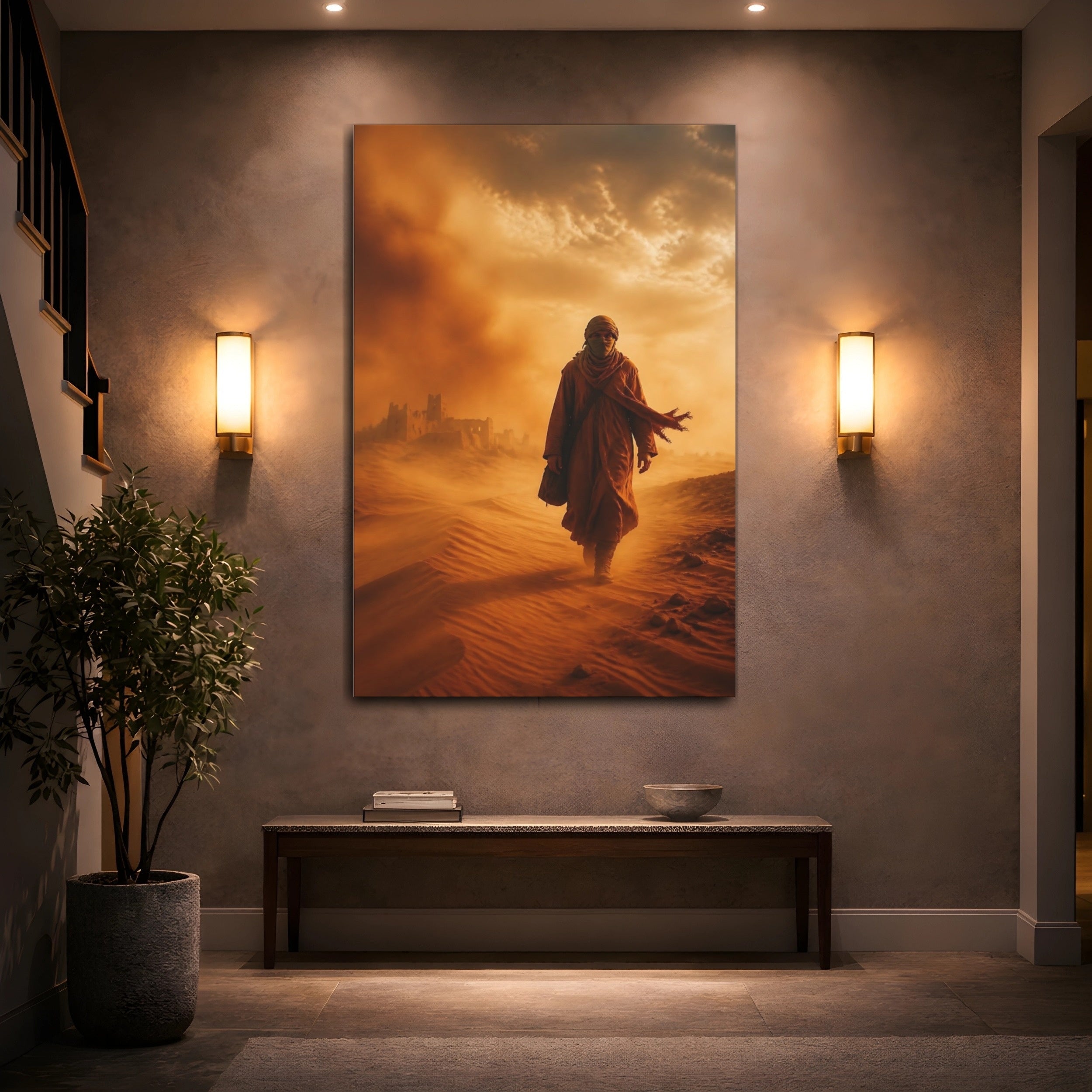 Mockup 2. Science Fiction Desert Wanderer Orange And Brown shown as stretched canvas wall art