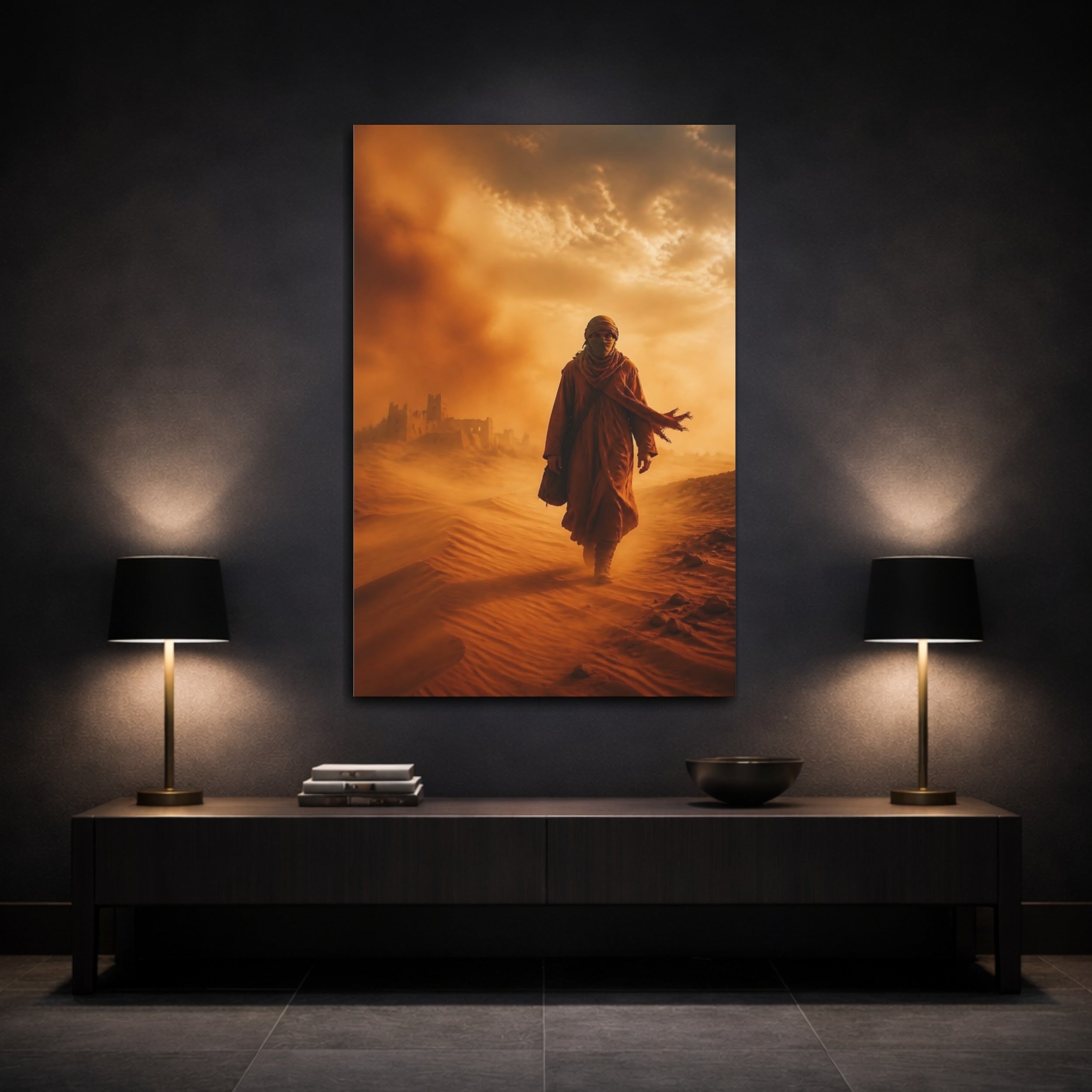 Mockup 3. Science Fiction Desert Wanderer Orange And Brown shown as stretched canvas wall art