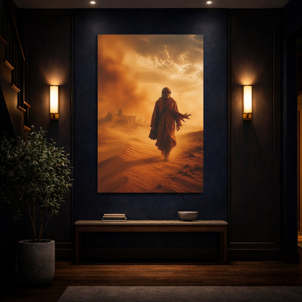 Mockup 4. Science Fiction Desert Wanderer Orange And Brown shown as stretched canvas wall art