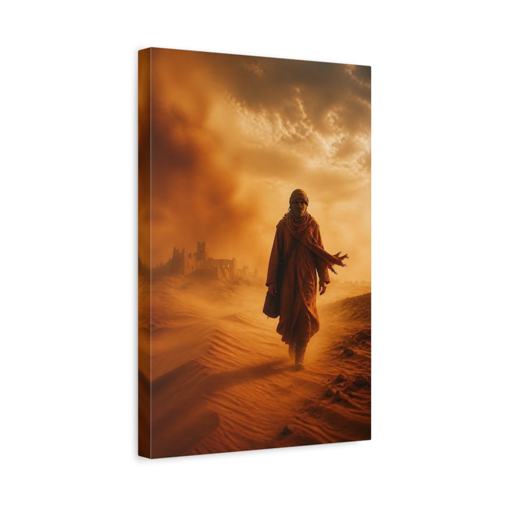 Side Mockup 4. Science Fiction Desert Wanderer Orange And Brown shown as stretched canvas wall art