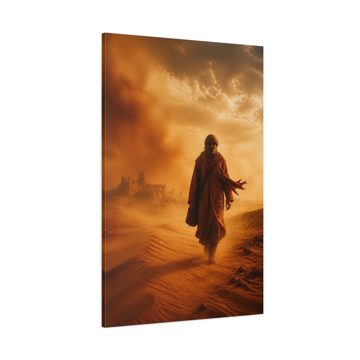 Science Fiction Desert Wanderer Orange and Canvas Wall Art Print - Dystopian Living Room, Above Couch shown as canvas wall art