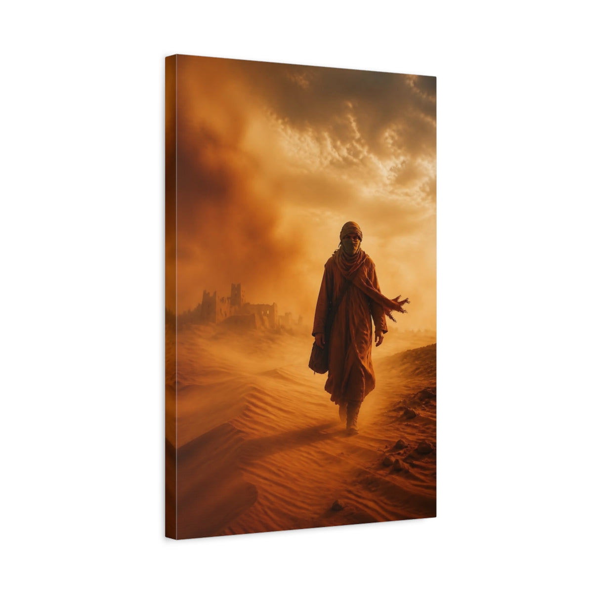Science Fiction Desert Wanderer Orange and Canvas Wall Art Print - Dystopian Living Room, Above Couch shown as canvas wall art