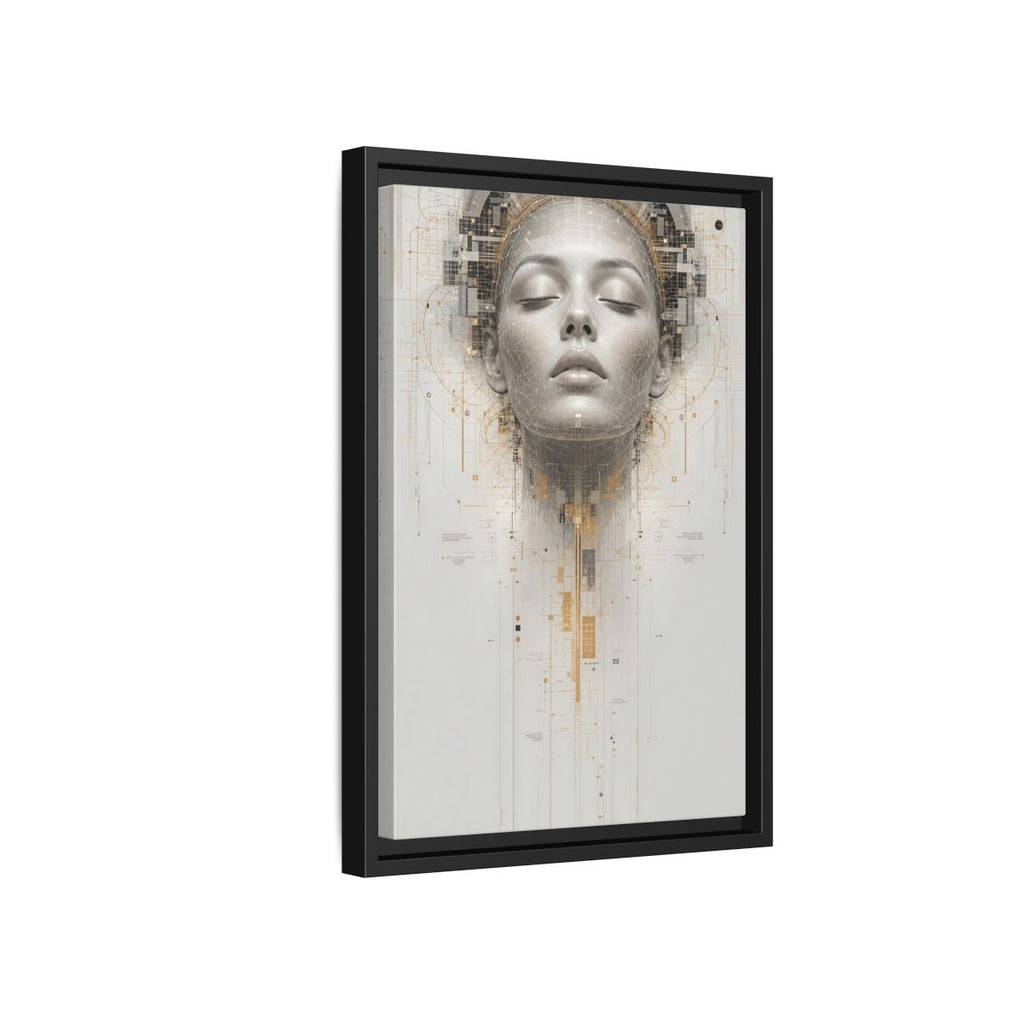 Side Mockup 6. Science Fiction Digital Head Gold And Gray Digital shown as stretched canvas wall art