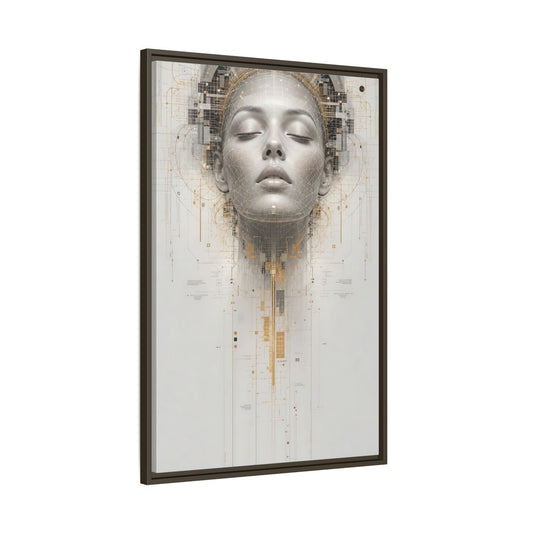 Main Mockup. Science Fiction Digital Head Gold And Gray Digital shown as stretched canvas wall art