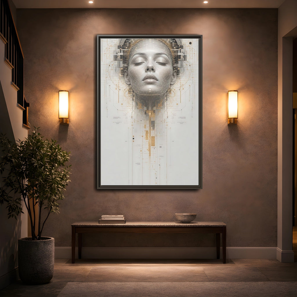 Mockup 2. Science Fiction Digital Head Gold And Gray Digital shown as stretched canvas wall art