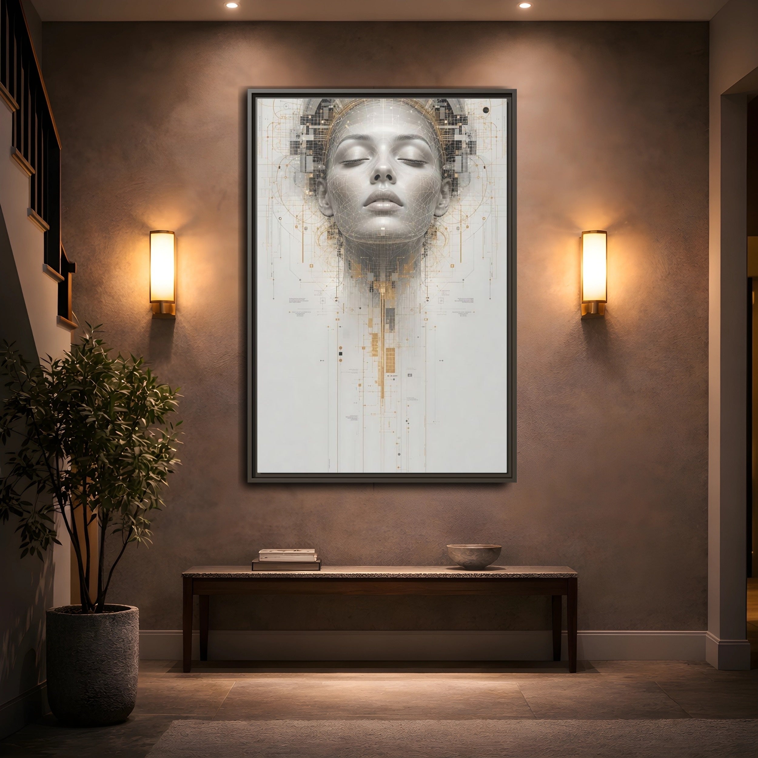 Mockup 2. Science Fiction Digital Head Gold And Gray Digital shown as stretched canvas wall art