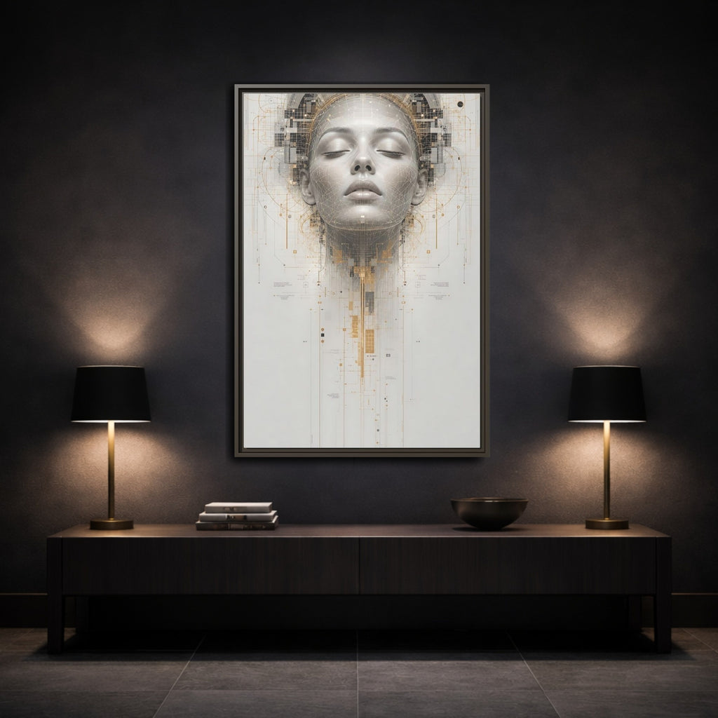 Mockup 3. Science Fiction Digital Head Gold And Gray Digital shown as stretched canvas wall art