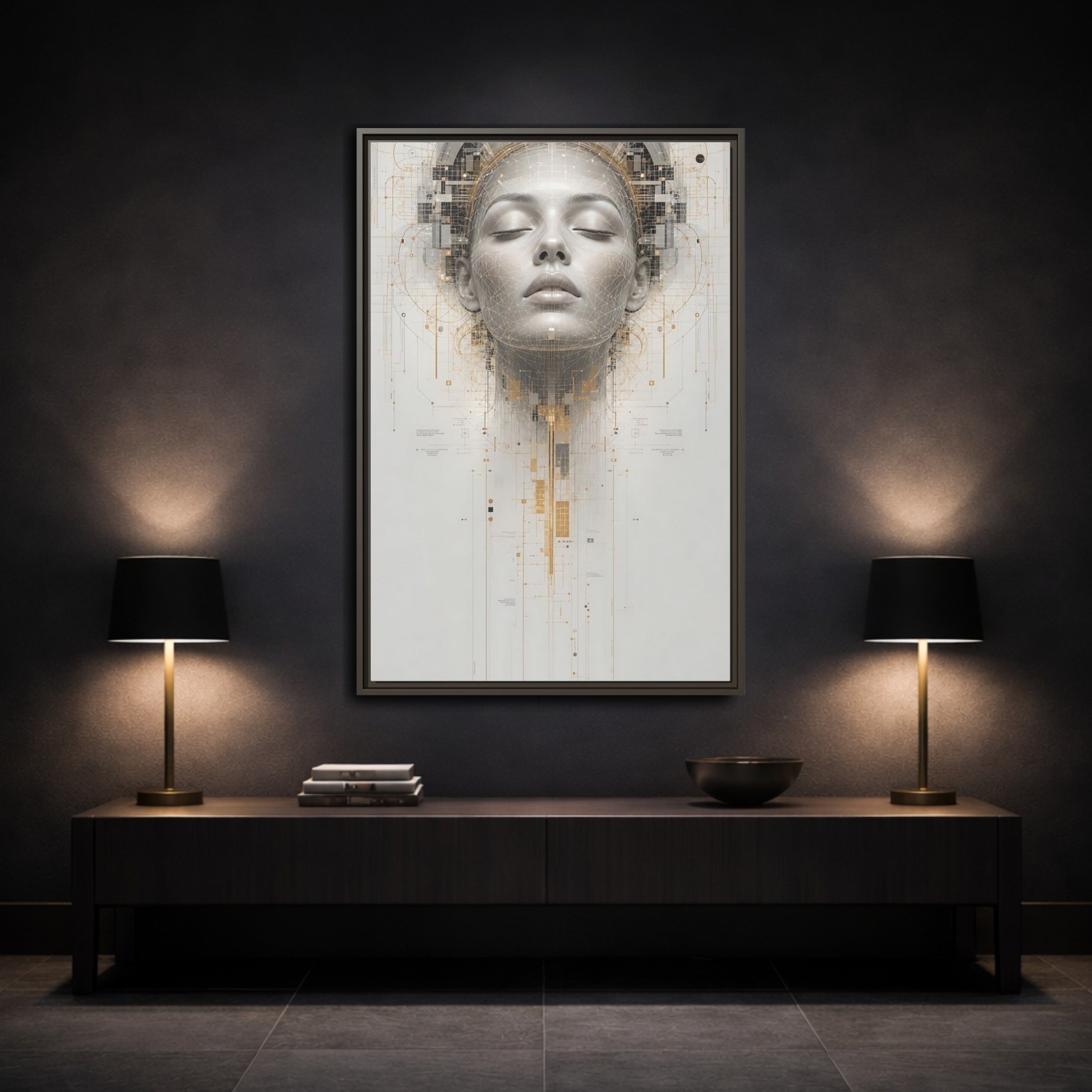 Mockup 3. Science Fiction Digital Head Gold And Gray Digital shown as stretched canvas wall art