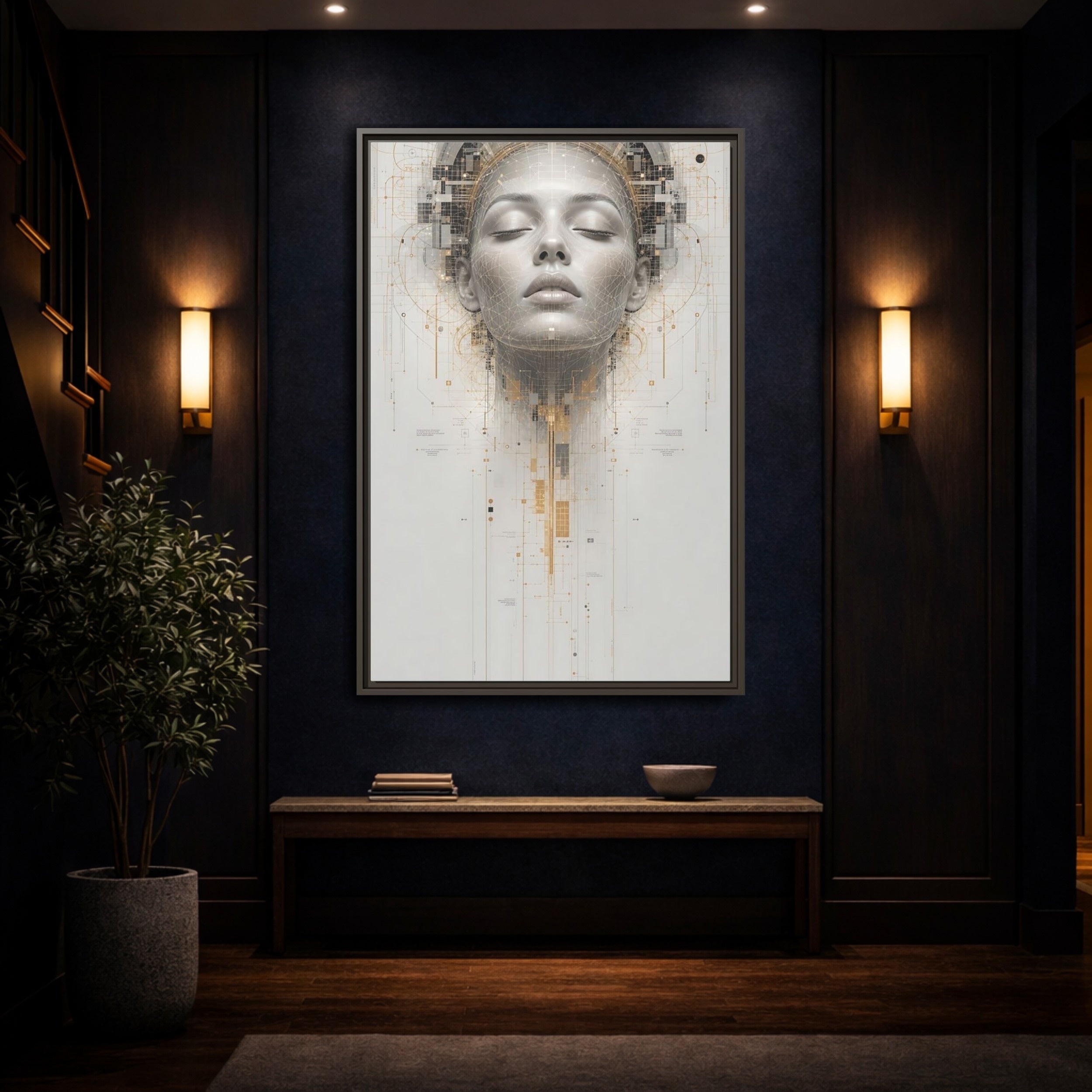 Mockup 4. Science Fiction Digital Head Gold And Gray Digital shown as stretched canvas wall art
